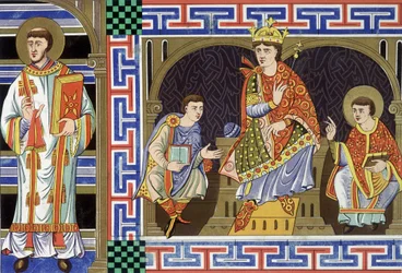 Ein Diakon, eine edle Figur, ein König und ein Bischof, die das Volk des zehnten Jahrhunderts darstellen; Illustration des neunzehnten Jahrhunderts aus "Frankreich im zehnten Jahrhundert"