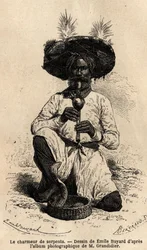 Ein Fakir, Schlangenbeschwörer. Gravur zur Illustration der Reise in die südlichen Provinzen Indiens, von Alfred Grandidier, 1862-1864, veröffentlicht in "Le tour du monde", unter der Leitung von Edouard Charton, Hachette, Paris 1869. Selva Sammlung.