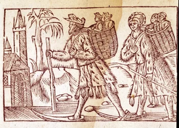Eine norwegische Familie auf Skiern unterwegs. Gravur von Olaus Magnus (1490 - 1557), schwedischer Geistlicher und Geograph, „Historia de Gentis Septentrionalibus“, Venedig