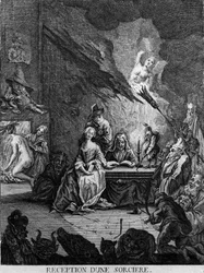 Ein Mädchen wird von einer Hexe empfangen, umgeben von monströsen Kreaturen (bei einer Initiationszeremonie?). Gravur aus dem 17. Jahrhundert