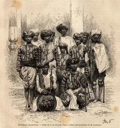 Eine Gruppe muslimischer Männer in Haiderabad, Pakistan. Gravur zur Illustration der Reise in die südlichen Provinzen Indiens, von Alfred Grandidier, 1862-1864, veröffentlicht in „Le Tour du Monde“, unter der Leitung von Edouard Charton, Hachette, Paris 18