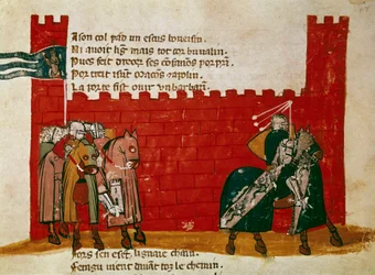 Eine Gruppe von Rittern verlässt ein Schloss. Miniatur aus „Einzug in Spanien“