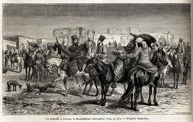Ein Pferdespaziergang in Shurakhan (Kirgisistan). Zeichnung von Emile Bayard (1837-1891) zur Illustration der Reise nach Zentralasien im Jahr 1863 von Arminius Vambery (ungarischer Wissenschaftler verkleidet als Derwisch). Gravur in „Le tour du monde“, her