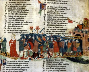 Ein König wird gefangen genommen und vom feindlichen Heer fortgeführt, während die Opfer der Schlacht am Boden liegen. Miniatur aus dem „Roman de Troie“ von Benoît de Sainte-Maure. 14. Jahrhundert, Biblioteca Marciana, Venedig.