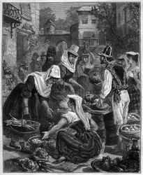 Ein Markttag in Teneriffa (Teneriffa) auf den Kanarischen Inseln im Atlantischen Ozean - Ein Spaziergangstag in Teneriffa (Teneriffa) auf den Kanarischen Inseln im Atlantischen Ozean - Gravur von 1888