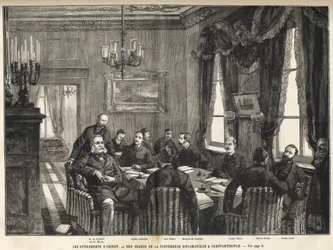 Ein Treffen der Europäischen Konferenz von Konstantinopel Serbien-Bulgarien Krieg, Türkei - Serbo-Bulgarischer Krieg - Ein Treffen der diplomatischen Konferenz in Konstantinopel - 1885 - im illustren Universum von 1886 (Alexander von Nalidov (Nelidoff) (18