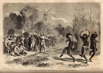 Ein friedliches Gespräch zwischen der Expedition des Autors und einigen Siriniris-Indianern (Stamm aus Peru, an der bolivianischen Grenze), die durch die Möglichkeit des Tauschhandels angelockt wurden. Gravur zur Illustration der Reise in die Täler von Qui