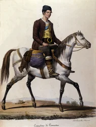Ein Bauer zu Pferd in der Nähe von Camastra in Sizilien. Gravur des 19. Jahrhunderts