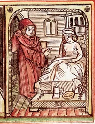 Ein Arzt gibt seinem Patienten eine Behandlung mit Heilpflanzen. Gravur aus „Tractatus de pestilentia“ 15. Jahrhundert - Prag, Nationalbibliothek