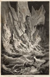 Ein Eisbär treibt auf einem Eisberg, nach dem Zusammenbruch eines Eisblocks von Spitzbergen, einem Archipel des Arktischen Ozeans, Zeichnung von V. Foulquier, zur Illustration von Spitzbergen in den Jahren 1838-1839, von Charles Martins. Gravur in „Le tour