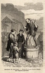 Ein Muschelhändler balanciert auf einem Fass mit seinen Waren, die er mit zwei langen Stäbchen zieht. Gravur zur Illustration der Reise nach Japan, 1863-1864, von Aime Humbert, Minister der Schweizerischen Eidgenossenschaft, in "Le tour du monde, nouveau j