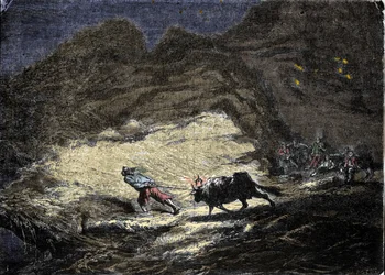 Ein Schiffbrüchiger (Pirat) benutzt ein Licht, das an einem Ochsenkopf hängt, um Schiffe zu täuschen, die sich dann der Küste nähern und sich in der Tür der Plünderer befinden. Gravur des 19. Jahrhunderts