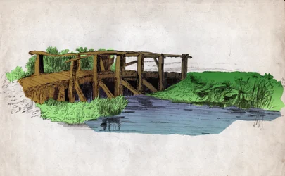 Eine kleine Holzbrücke über einen Fluss (Zeichnung, ca. 1830)