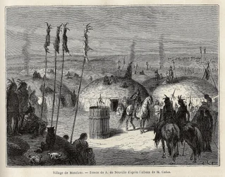 Ein Dorf der Mandan-Indianer am linken Ufer des Missouri, 600 Meilen von der Stadt Saint Louis entfernt. Gravur zur Illustration eines Ausflugs unter die Indianerstämme der Becken von Kolumbien und Ober-Missouri, von G. Catlin, 1841