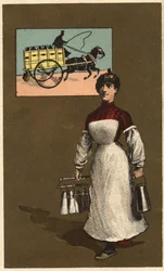 Ein gehender Milchhändler (Lieferant oder Molkerei). Anonyme Chromolithographie, späte 19. Jahrhundert.