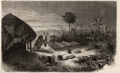 Ein Weber und sein Weber, am Ufer des Sambesi-Flusses. Gravur zur Illustration von Dr. Livingstones ersten Reisen nach Südafrika von 1840 bis 1856, in „Le tour du monde, nouveau journal des voyages“, herausgegeben von Edouard Charton