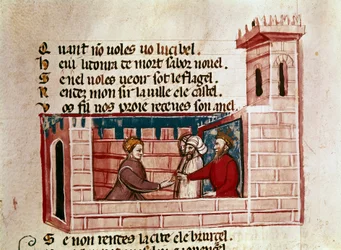 Eine Frau trifft einen König in einem Schloss und überreicht ihm ein Geschenk