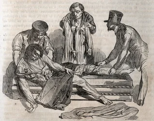 Unfallmedizin - über die wirksamste Hilfe für Ertrinkende - um sich so schnell wie möglich auszuziehen, muss man die nassen Effekte zerreißen - Gravur in „La Sante Universelle - Guide Medical des Familles“ 1852
