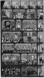 Unterkunft in Paris - Querschnitt durch ein Haussmann-Gebäude in Paris im Jahr 1885. Im obersten Stockwerk die guten Zimmer und in den anderen Stockwerken Büros, Wohnungen und Empfangsraum (Versammlung). Stich in „La Nature. Zeitschrift für Wissenschaften