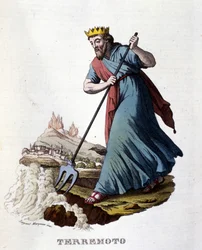 Der griechischen Mythologie zufolge werden Erdbeben von Neptun verursacht, der die Erde mit seinem Dreizack erschüttert. Stich aus dem 19. Jahrhundert.