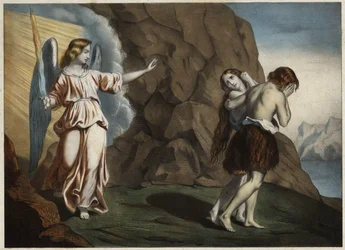 Adam und Eva werden aus dem Paradies vertrieben. Anonyme Gravur aus der Mitte des 19. Jahrhunderts.