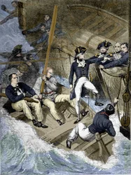 Admiral Nelson während der Schlacht von Santa Cruz de Tenerife (Teneriffa), Kanarische Inseln: „Jetzt bin ich dran; wenn ich es nicht glaube, wird es deins sein...“ Gravur nach Wests Gemälde.