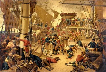 Admiral Nelson wird schwer verwundet auf der Victory Bridge während der Schlacht von Trafalgar am 21.10.1805