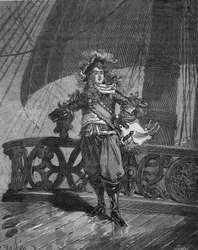 Admiral Tourville (Anne Hilarion de Costentin (Cotentin), Graf von Tourville (1642-1701) auf dem Schiff „Soleil Royal“. Gravur des 19. Jahrhunderts. In „Histoire de France“ von Jules Michelet