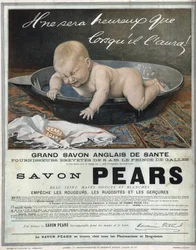Werbung von 1889 für die englische Seife „Pears“ große englische Gesundheitsseife. Ein Baby in seinem Bad macht ein Gesicht (weint) und versucht, die Seife zu fangen.