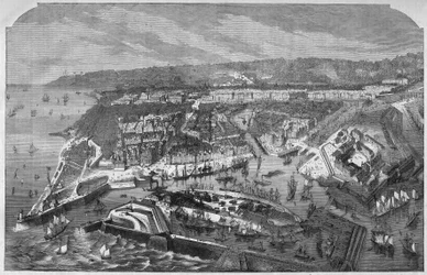 Luftansicht des Hafens und der Stadt Le Havre, Seine-Maritime, Normandie, Frankreich. Gravur in "L