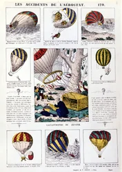 Aerostat-Unfälle. Illustrierte Tafel aus dem 19. Jahrhundert.