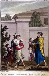 Agar und Ismael wurden von Abraham vertrieben: Agar, die entlassen wurde, ging mit ihrem Sohn Ismael nach der Geburt Isaaks. Gravur aus dem frühen 19. Jahrhundert.