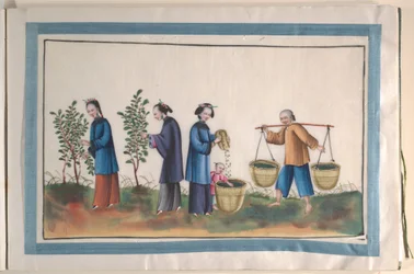 Album mit zwölf Gemälden von Menschen, die Seide herstellen