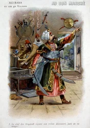 Ali Baba und die 40 Räuber (Erzählungen aus Tausendundeiner Nacht): Der Anführer der Räuber sieht, dass sein Schatz entdeckt wurde, und schwört Rache - Karte von Le Bon Marché, spätes 19. Jahrhundert