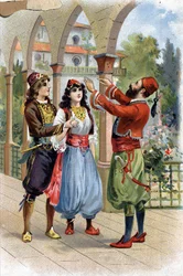 Ali Baba. (Ali-Baba) (Geschichten aus Tausendundeiner Nacht): Um Morgiane zu belohnen, gibt Ali Baba sie seinem Sohn zur Ehe. Chromolithographie des 19. Jahrhunderts