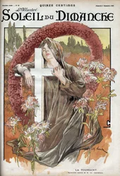 Allerheiligen. Allegorie der Totenfeier mit einer Frau in Trauerkleidung auf einem katholischen Kreuz auf einem Friedhof. Gravur in „Le sun-du-dimanche“, 5. November