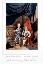 Allegorische Figur: Alexander durchtrennt den georgischen Knoten der östlichen Frage und sein Bruder Konstantin installiert das orthodoxe Kreuz - in „Der Kaiser Alexander I.“ von Schilder