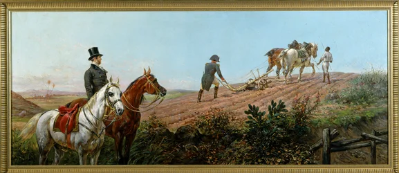 Allegorie, die Napoleon beim Pflügen unter der Aufsicht seines schwarzen Dieners auf St. Helena darstellt, Öl auf Leinwand von Olivier Pichat (1825 - 1912)
