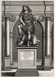 Allegorie, die König Ludwig XIV. (1638-1715) darstellt, wie er seine Feinde zerschmettert. Gravur von J. Frosne aus dem Jahr 1653. Privatsammlung.