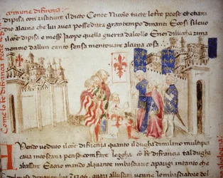 Bündnis des Königs von Frankreich, Karl VI., mit der Kommune Florenz im Jahr 1396 - in den „Croniche del Sercambi“, um 1400. Nationalarchiv, Lucca.