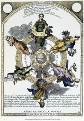 Almanach de vilage „Nach dem Krieg, Frieden, nach dem Frieden, Krieg“: Schrank gehalten auf dem Land und entworfen in einem Sinn von sanfter Philosophie, um in den Massen den Geist der Resignation angesichts der Nöte der Zeit zu wecken - 17. Jahrhundert