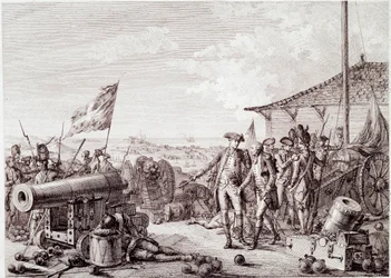 Amerikanischer Unabhängigkeitskrieg: Die Schlacht von Grenada am 6. Juli 1779 zwischen der britischen Royal Navy und der französischen Marine (Gravur)