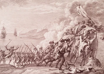 Amerikanischer Unabhängigkeitskrieg: Die Invasion von Dominica durch die französische Armee am 7. September 1778 (Stich)