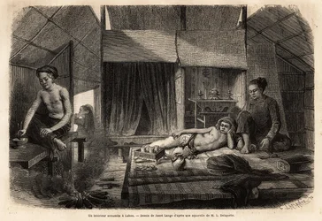 Ein annamitisches Interieur in Lakon (Laos). Gravur zur Illustration der Entdeckungsreise in Indochina, von Francis Garnier, Leutnant de Vaissseau, 1866-1868, veröffentlicht in „Le tour du monde“ 1870-1871, herausgegeben von Edouard Charton, Edition Hachet
