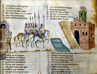 Ein Heer nähert sich einer Burg. Miniatur aus dem „Roman de Troie“ von Benoît de Sainte-Maure. 14. Jahrhundert, Biblioteca Marciana, Venedig.