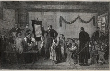 Eine Prüfungssitzung in einer Schweizer Schule - Kupferstich in „La Suisse“ von Jules Gourdault
