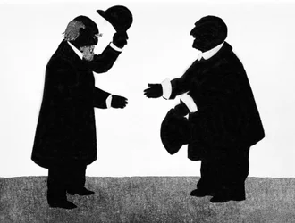 Eine imaginierte Begegnung zwischen dem österreichischen Musikwissenschaftler Eduard Hanslick (1825 - 1904) und dem Komponisten Anton Bruckner (1824 - 1896). Scherenschnitt.