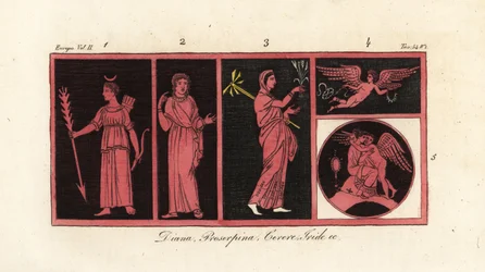 Antike Göttinnen Diana 1, Proserpina 2, Ceres 3, Iris 4, Venus und Amor 5