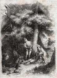 Angelique rettet Medor - Gravur von 1851 aus „Roland furieux“ (Orlando furioso) (16. Jahrhundert) von Ludovico Ariosto, bekannt als der Ariosta - Ausgabe übersetzt aus dem Italienischen von Graf von Tressan und veröffentlicht von Gustave Harvard