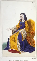 Anne de Beaujeu oder Anne von Frankreich, französische Prinzessin (1460-1522). Älteste Tochter des Dauphins Louis, des zukünftigen Ludwig XI., sie regierte mit Hilfe ihres Mannes, Pierre de Beaujeu, Generalleutnant des Königreichs, dem Ludwig XI. die Obhut